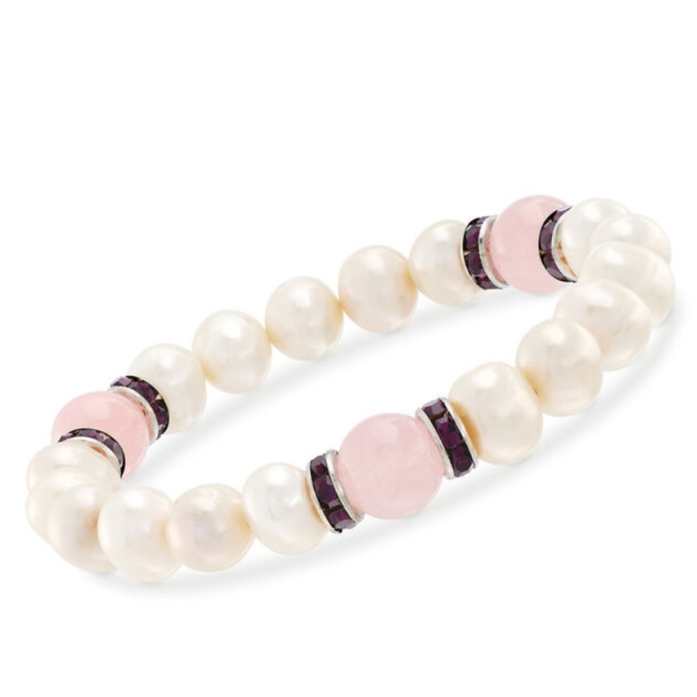 Pearl & Rose Quartz Stretch Bracelet W/ Purple CZs